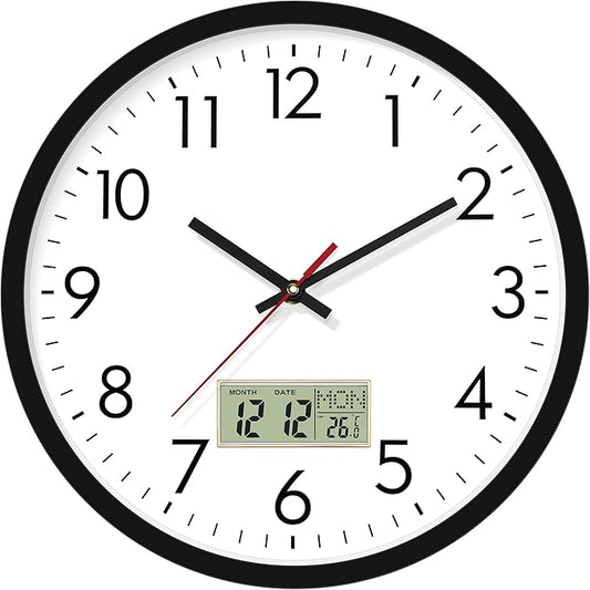Lumuasky Wall Clock Digital 12" Non-Ticking Silent Battery Operated Analog with LCD Display for Perpetual Calendar and C° Temperature, Ideal Modern Home, Bedroom, Kitchen, Office Decor