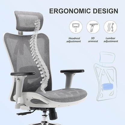 SIHOO M57 Ergonomic Mesh Office Chair, High Back Home Desk Chair with 3D Armrests, Lumbar Support and Adjustable Headrest, Comfortable Computer Chair, Big & Tall Office Chair Hold 330 LBS-Light Grey