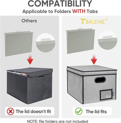 BALEINE File Organizer Box with Lid, Collapsible File Folder Organizer with Plastic Slide, Hanging File Folder Box for Office Document Storage (Tab Friendly, 2 Pack, Grey)