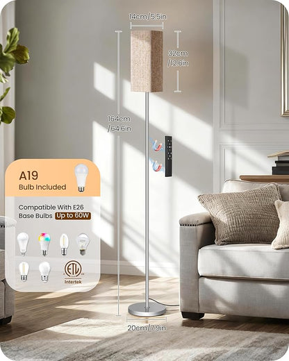 64.2” Dimmable Floor Lamp for Living Room with Remote and Foot Switch, Corner Floor Lamp for Bedroom, Includes 10W A19 Bulb, Modern Standing Tall Lamp, ETL Listed Silver and Beige SE17LD05