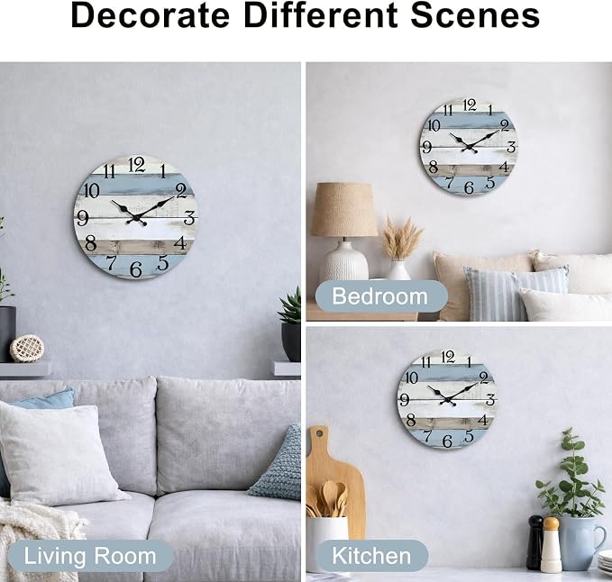 JoFomp 8 Inch Wooden Wall Clocks Battery Operated, Silent Wall Clock Non Ticking, Coastal Country Design Rustic Wall Clocks for Living Room Decor, Small Wall Clock for Bedroom Kitchen Bathroom