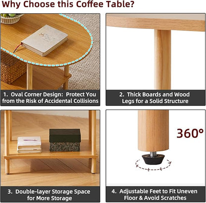 Aibiju Wooden Tea Table Small Coffee Table, 2 Tier Coffee Table for Living Room, 35x16x17inch Tea Table Stand with Storage Shelf Natural Wood Color YD-012N