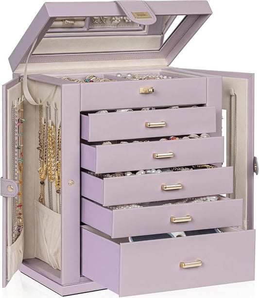 AKOZLIN 6-Tier Jewelry Box Organizer Functional 5 Drawers Leather Jewelry Storage Case for Women Girls Ring Necklace Earring Bracelet Holder Organizer with Mirror XL Purple 360° Rotating