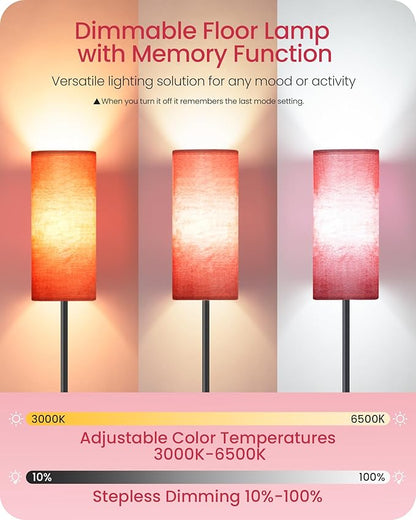 Dimmable Floor Lamps for Living Room with Remote and Foot Switch, 64.4” Modern Standing Tall Lamp, Corner Lamp for Bedroom, Bulb Included, 3000K-6500K, FCC Listed, Sakura Pink and Black CP06LD05W1