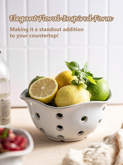 Gomakren Fruit Basket Set of 2, Ceramic Fruit Bowl Berry Basket with Holes, 7.6 Inch Fruit Containers Colander for Fridge - Farmhouse Kitchen Decor, White