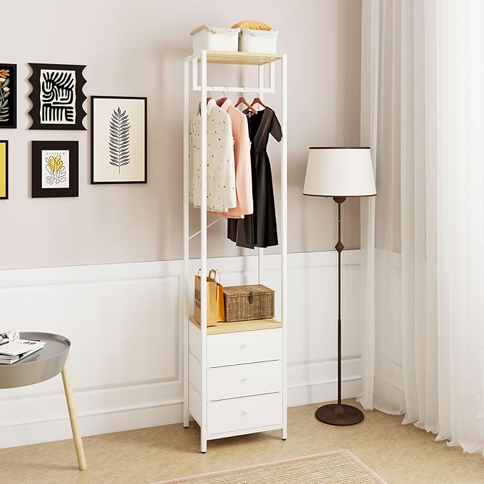 YMYNY Garment Rack, Clothes Rack with Drawers, Freestanding Tall Closet Organizer with 3 Fabric Drawers, Clothes Stand for Hanging Shirts, Coat,15.35" L×11.41" W×70.47" H Wood Color&White UHGR001R
