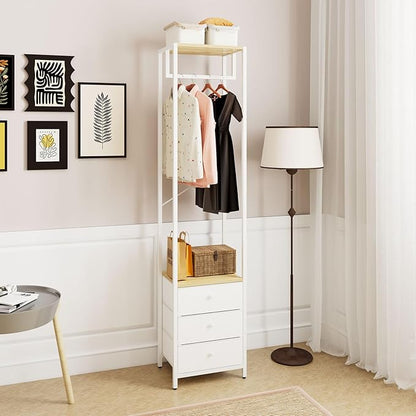 YMYNY Garment Rack, Clothes Rack with Drawers, Freestanding Tall Closet Organizer with 3 Fabric Drawers, Clothes Stand for Hanging Shirts, Coat,15.35" L×11.41" W×70.47" H Wood Color&White UHGR001R