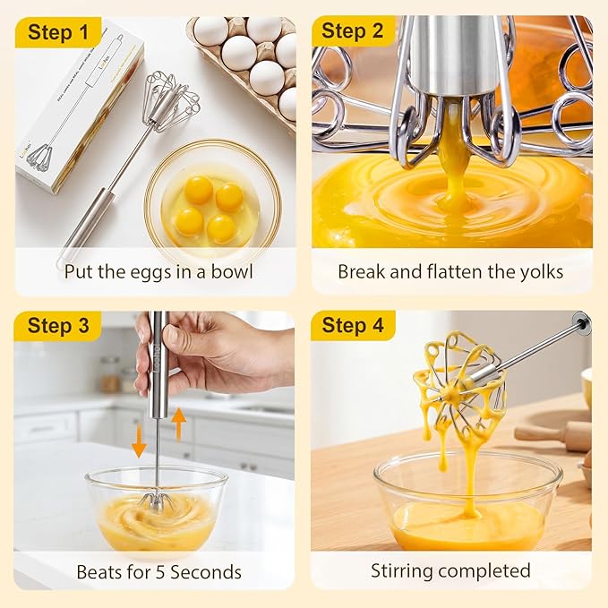 Upgraded Stainless Steel Semi-Automatic Whisk, Easy Push Hand Whisks for Eggs, Cream, Coffee & Light Mixing, Easy Clean Kitchen Whisk for Everyday Cooking (10+12in)