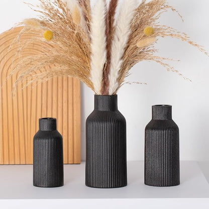 Bohemian Black Ceramic Vase - for Pampas Grass, Mantel, Bookshelf, Entryway and Living Room Decor (Black, Set of 3)