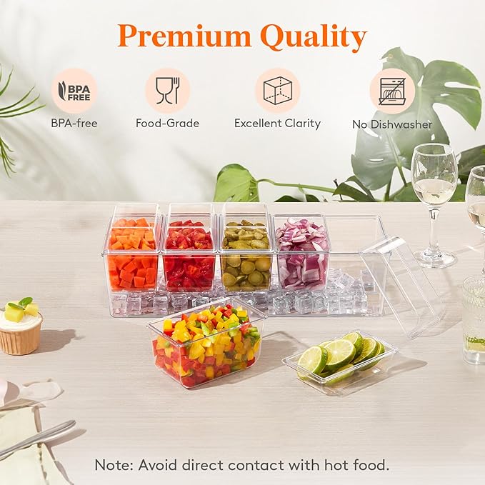 Lifewit 2 Pcs Ice Chilled Condiment Caddy with 5x 20 oz Containers, Condiment Server with Lid & Metal Accessories, Serving Tray Platter with Removable Dishes for Bar, Fruit, Salad, Taco, Party Garnish