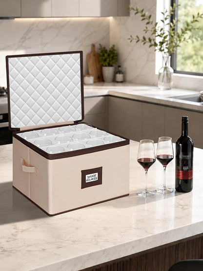 punemi Wine Glass Storage Box, Stemware Storage Case with 12 Padded Dividers, Hard Shell Support & Dustproof Lid, Stackable Glassware Containers for Wine Glasses, Goblets, Beige, 2 Pack