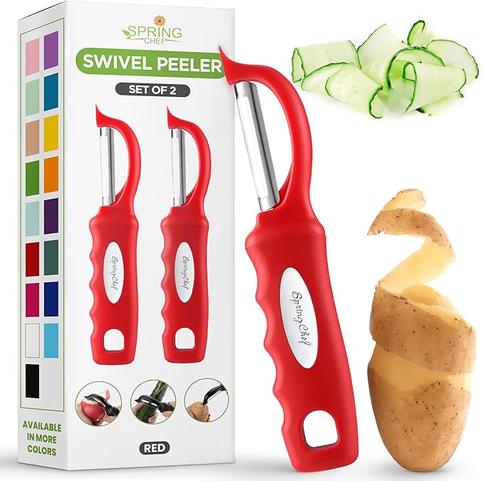 Spring Chef Professional Red Swivel Vegetable Peeler for Kitchen, Stainless Steel Potato Peelers with Soft Grip Handle, Perfect for Peeling Apple, Veggie, Fruit, Carrot, Dishwasher Safe - Set of 2