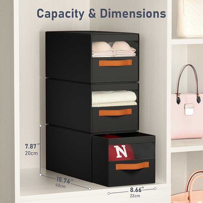 DIMJ Closet Organizers and Storage - Fabric Bins with Drawers for Closet Foldable Clothes Organizers with Clear Window, Stackable Storage Drawers Units for Hat, 4-Pack, Black
