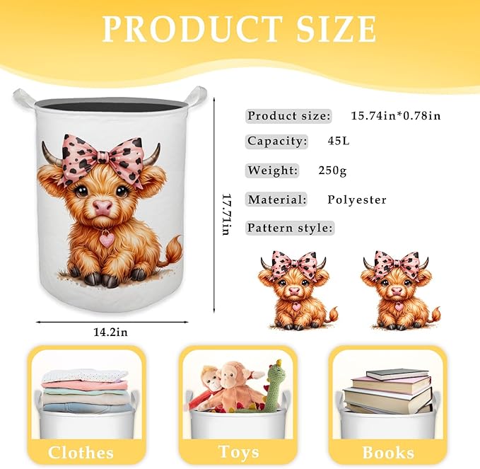 HKTZM Highland Cow Baby Nursery Laundry Basket, Toybox for Girls Room, Pink Leopard Bow Cow Laundry Basket Waterproof Collapsible Clothes Toys Storage Bin Organizer for Kids Room Playroom Bathroom