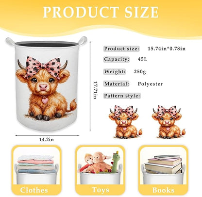 HKTZM Highland Cow Baby Nursery Laundry Basket, Toybox for Girls Room, Pink Leopard Bow Cow Laundry Basket Waterproof Collapsible Clothes Toys Storage Bin Organizer for Kids Room Playroom Bathroom