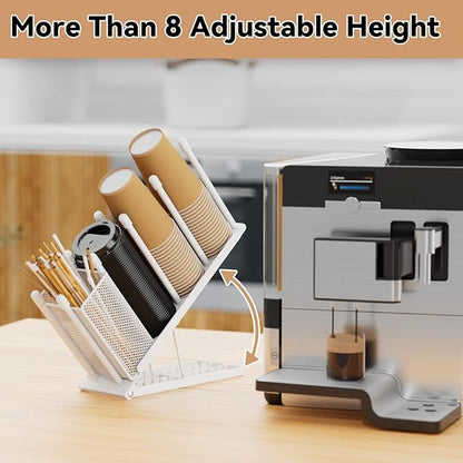 OVICAR Cup and Lid Holder - Adjustable Coffee Cup Holder Organizer 4 Compartment Disposable Paper Plastic Cup Dispenser with Straw Storage Basket for Coffee Bar Station Breakroom Countertop White