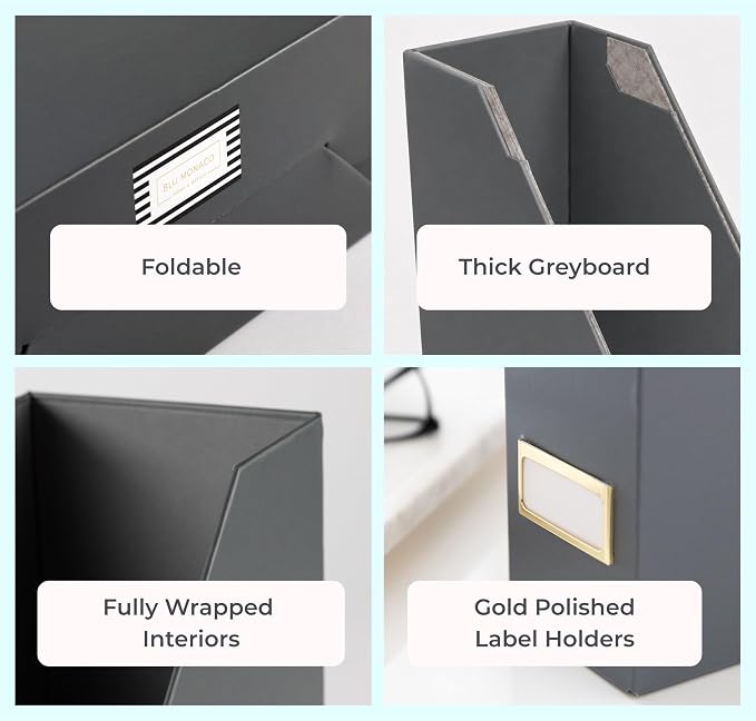 BLU MONACO | Set of 6 Foldable Grey Magazine File Holders with Gold Label Holders | Vertical File Organizer Boxes for Desk, Bookshelf & Home Office Storage