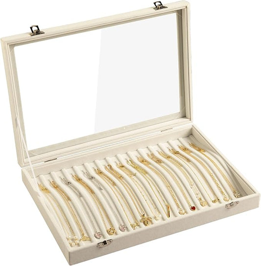 Frebeauty 15 Hooks Necklace Tray Velvet Neckalce Organizer with Clear Lid Lockable Necklace Holder Box Jewelry Organizer for Pendants Chains Necklace Jeweley Tray for Women Girls(Beige)