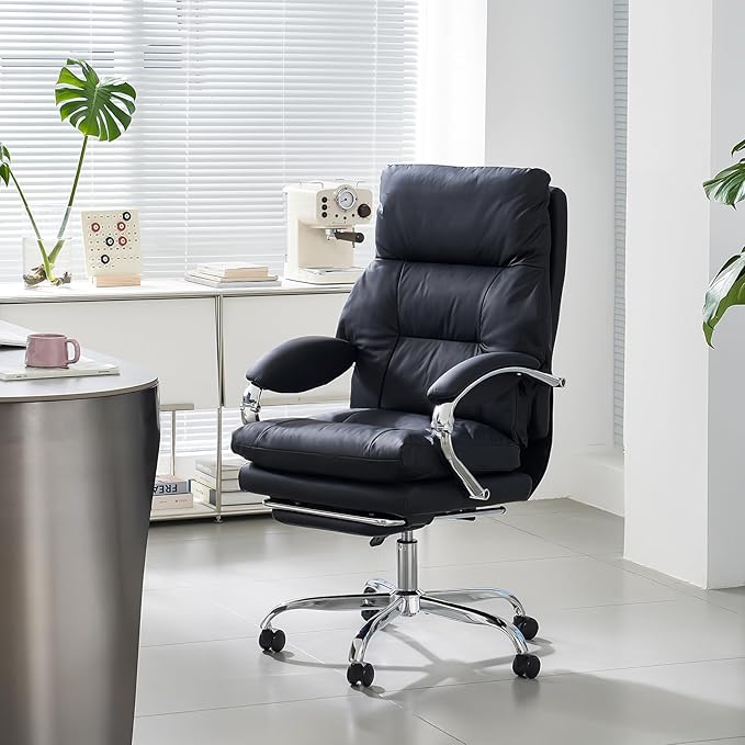 LEAGOO Heated Massage Office Chair with Foot Rest, Reclining Ergonomic Executive Office Chair with Massager for Lower Back, High Back PU Leather Comfy Heated Computer Desk Chair with Arms, Black