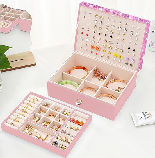 QBestry Jewelry Box for Earrings for Girls Jewelry Organizer Box Earring Holder Organizer for Girl Earring Box Jewelry Box Stud Earring Organizer for Girls Earring Jewelry Boxes for Women Pink Bling