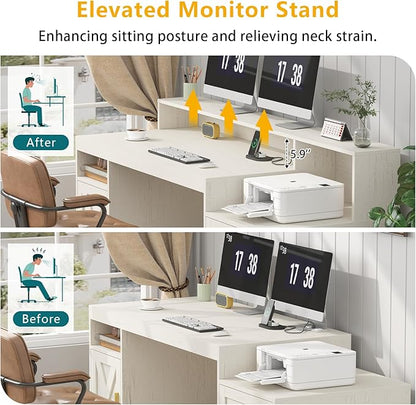 TVU Farmhouse Computer Desk with Drawers, 65'' Home Office Desk with Power Outlets, Storage Cabinet and Printer Stand, Study Writing Desks with Long Monitor Stand, White