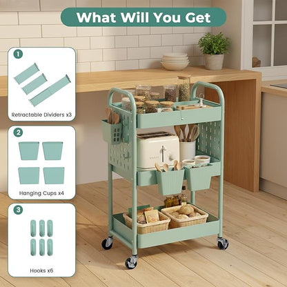 danpinera Rolling Cart, Movable Utility Organizer with Retractable Dividers & Pegboards for Kitchen, Bathroom, Office