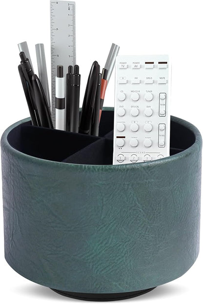 Hennaja Round Leather Art Supply Organizer,Remote Control Holder,360 Degree Spinning,Multi-Functional Pencil Holder,4 Compartments Desktop Stationary Organizer(1-Crazy Green)