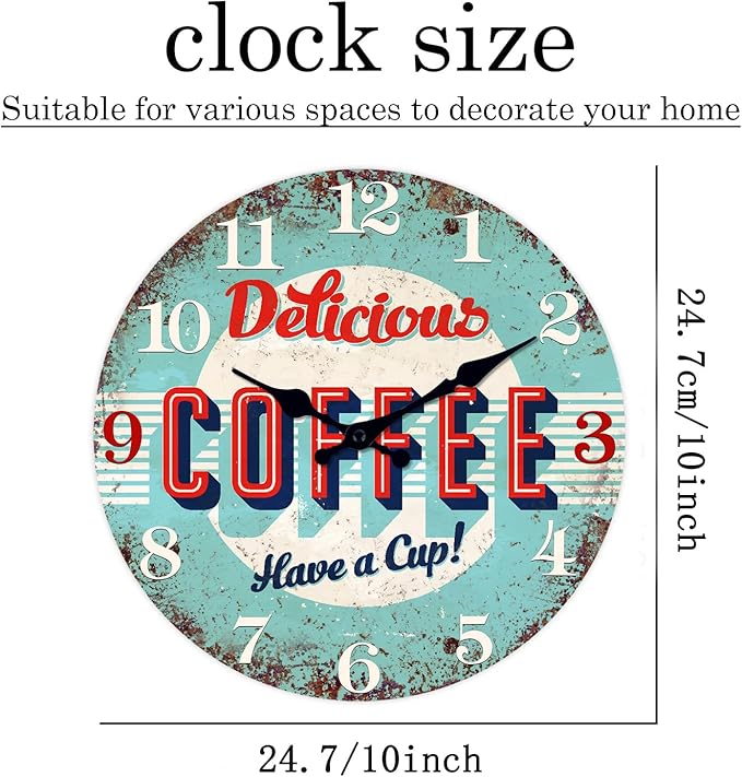 XFM Rustic Kitchen Wall Clock 10 Inch Blue Wooden Wall Clocks Silent Non-Ticking Battery Operated Retro Round Clocks for Cafes Bar Farmhouse Office