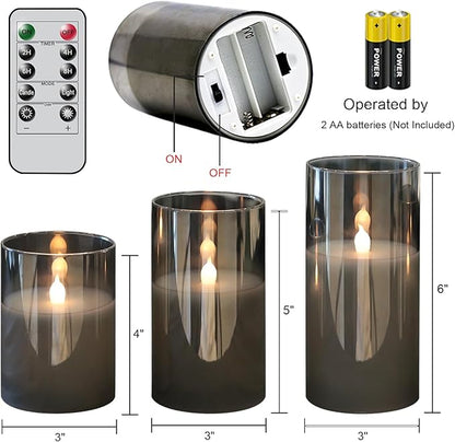 GenSwin Gray Glass Battery Operated Flameless Led Candles with 10-Key Remote and Timer, Real Wax Candles Warm White Flickering Light for Home Decoration(Set of 3)
