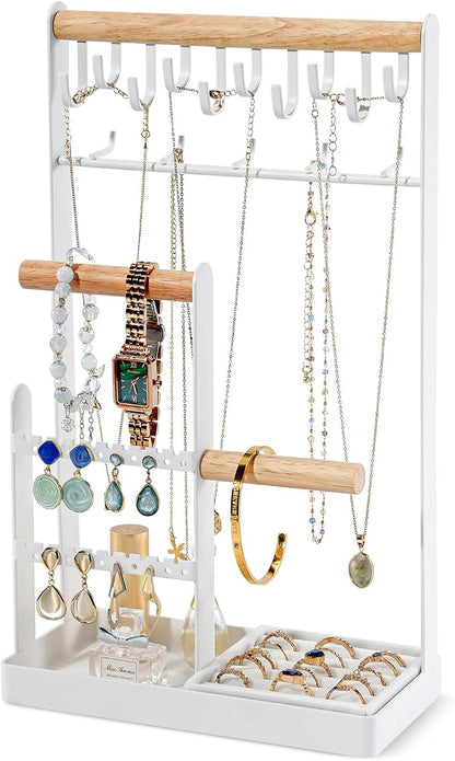 ProCase Jewelry Organizer Jewelry Stand Jewelry Holder Organizer, 4-Tier Necklace Organizer with Ring Tray, Large Aesthetic Jewelry Tower Storage Rack Tree for Bracelets Earrings Rings -Large, White