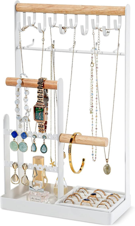 ProCase Jewelry Organizer Jewelry Stand Jewelry Holder Organizer, 4-Tier Necklace Organizer with Ring Tray, Large Aesthetic Jewelry Tower Storage Rack Tree for Bracelets Earrings Rings -Large, White