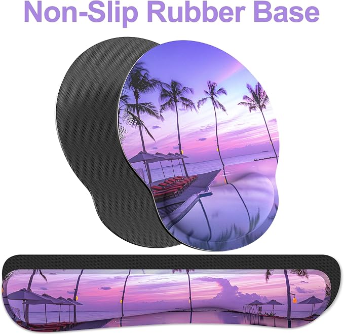 Ergonomic Mouse Pad with Wrist Rest and Keyboard Wrist Rest, Mousepad and Keyboard Pad, Non-Slip Rubber Base, Pain Relief, Mouse Pad Wrist Support for Gaming, Computer, Office, Home, Purple Beach