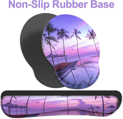 Ergonomic Mouse Pad with Wrist Rest and Keyboard Wrist Rest, Mousepad and Keyboard Pad, Non-Slip Rubber Base, Pain Relief, Mouse Pad Wrist Support for Gaming, Computer, Office, Home, Purple Beach