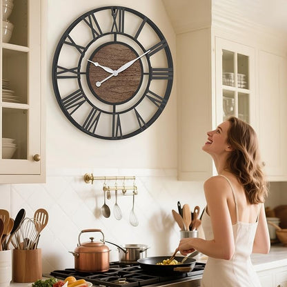 Pytha Sight 30 Inch Extra Large Giant Wall Clock,Oversized Round Silent Vintage Industrial Black Metal Farmhouse Big Roman Numeral Wall Clocks for Living Room,Kitchen,Bedroom Home Decor