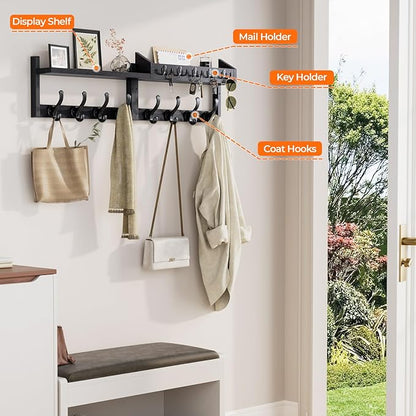 Evermagin 35" Coat Rack Wall Mount with Shelf, 4 in 1 Coat and Key Hanger with 13 Metal Hooks, Entryway Wall Mounted Shelf with Mail Holder for Living Room, Bedroom, Black