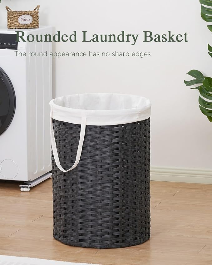 Laundry Basket Round Rattan Laundry Hamper 29.1 Gal(110 L) Handwoven Large Wicker Basket with Handles, Wicker Hamper with Removable Bags and 2 Mesh Bags for Bathroom Living Room Black(No Lid)