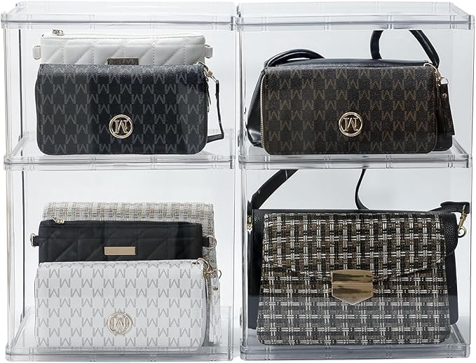 4 Pack Stackable Closet Organizers and Storage Shelves for Small Purses, Handbags, Clear Display Rack for Bathroom, Bedroom and Living Room, Plastic High Heels Holder (Short/Tall)