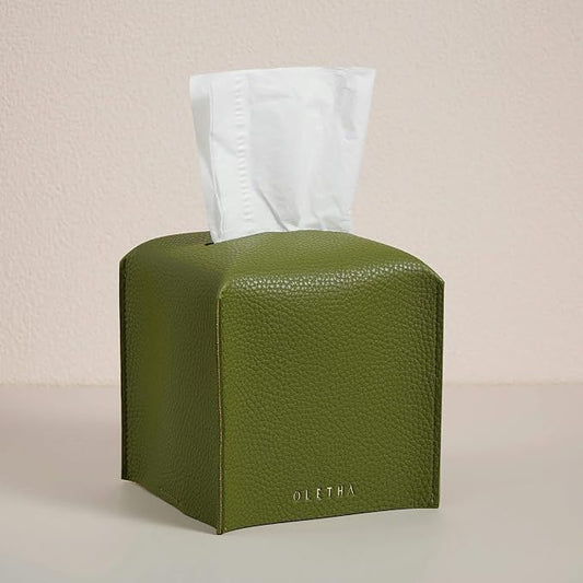 OLETHA Square Tissue Box Cover - Aesthetic Desk Decor for Room, Home & Office - Tissues Cube Boxes Holder - Green