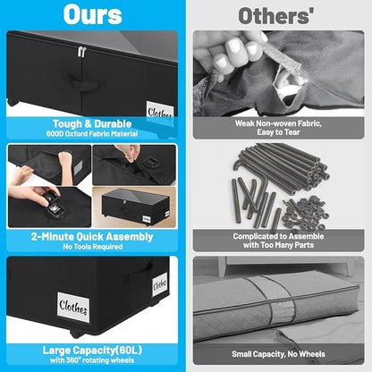 Under Bed Storage with Wheels, 4-Pack 10" Height XXL 75L Rolling Storage Bins, Quick Assembly Underbed Shoe Storage Containers with Clear Lid & Label, Dorm Under Bed Drawers for Clothes, Shoes, Black