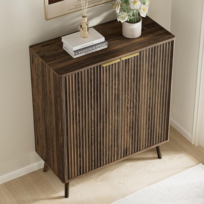 Fluted Shoe Cabinet with Doors,5-Tier Freestanding Shoe Storage Cabinet with Adjustable Shelves, Wooden Shoe Rack Organizer with Solid Legs for Entryway,Hallway,Walnut