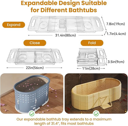 Foldable Bathtub Tray, Expandable to 80cm Acrylic Bath Tray for Tub, Bath Tub Tray Shower Storage Rack, Bath Table Trays for Bathtub (Transparent Bathtub Tray)