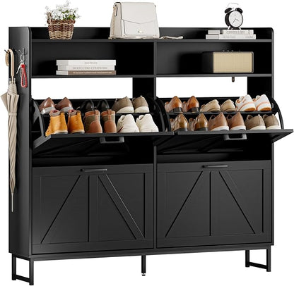 Shoe Cabinet Storage for Entryway, Shoe Storage Cabinet with 4 Flip Drawers, Freestanding Narrow Shoe Rack Organizer with Metal Legs, Adjustable Shelves & Open Storage for Foyer, Hallway, Black