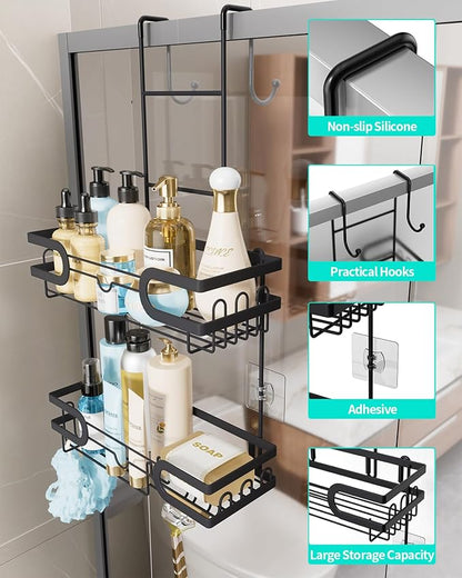 HapiRm Hanging Shower Caddy Over the Door with 14 Hooks and Soap Holder, No Drilling Adhesive Shower Storage, Rustproof & Waterproof Stainless Steel Bathroom Shelves - Black