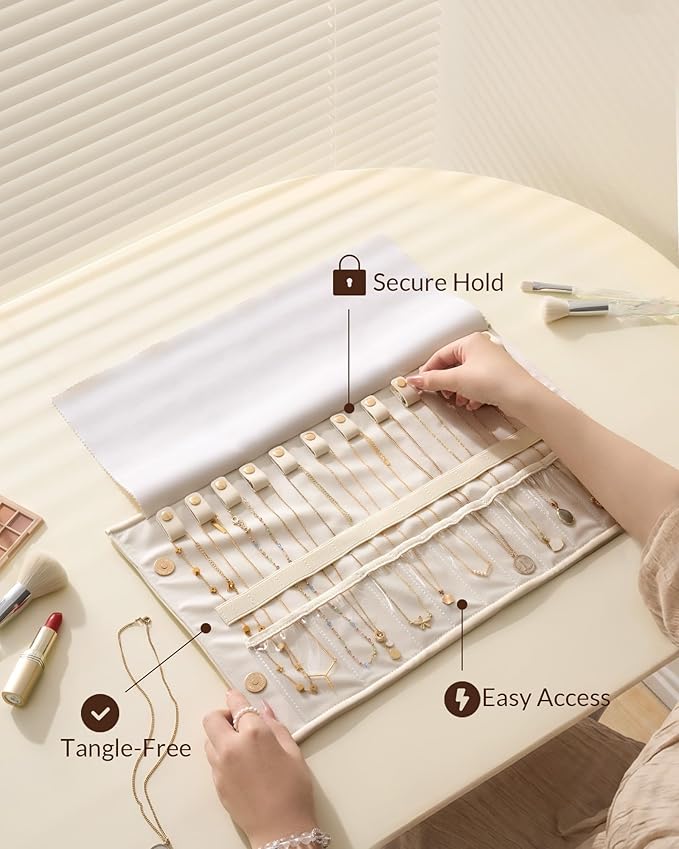 Lolalet Travel Necklace Organizer, Tangle-Free Necklace Case for Travel, Foldable Roll Up Jewelry Storage Bag for Necklaces Chains Bracelets, Beige, 12 Slots Holder