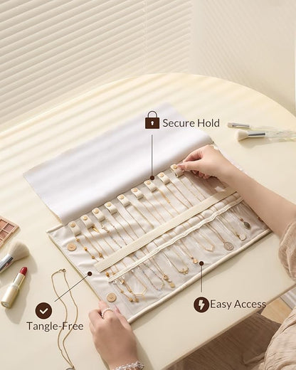 Lolalet Travel Necklace Organizer, Tangle-Free Necklace Case for Travel, Foldable Roll Up Jewelry Storage Bag for Necklaces Chains Bracelets, Beige, 12 Slots Holder