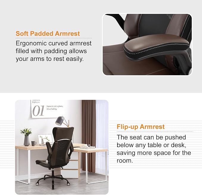Clearance Executive Office Chair, Ergonomic Leather Desk Chair - Widened Adjustable Headrest with Flip-Up Arms, High Back Computer Swivel Task Chair with Lumbar Support, Brown
