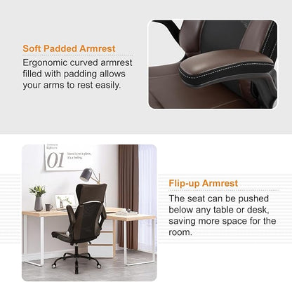 Clearance Executive Office Chair, Ergonomic Leather Desk Chair - Widened Adjustable Headrest with Flip-Up Arms, High Back Computer Swivel Task Chair with Lumbar Support, Brown