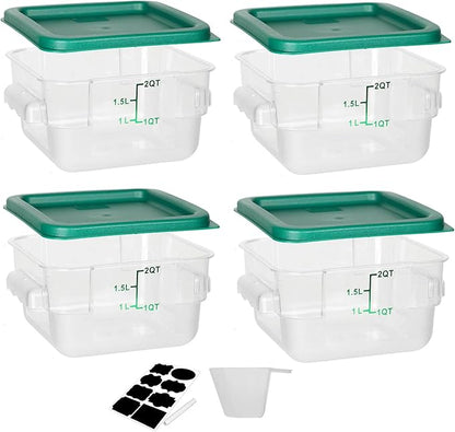 4 Pack Food Storage Containers, 2 Quart with Lids, Square Commercial Containers with Scale, NSF, Polycarbonate, Clear