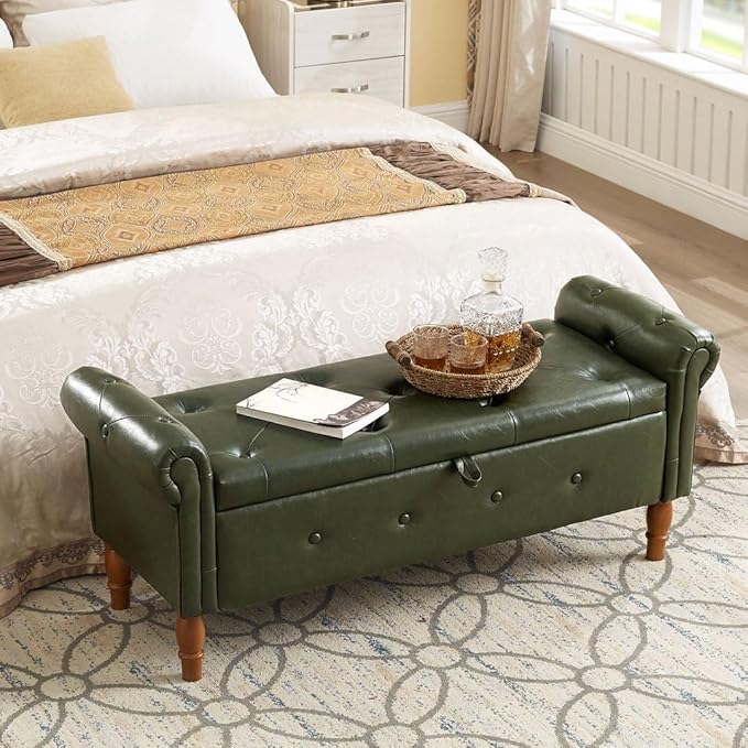 Storage Ottoman Bench, 50" Modern Upholstered End of Bed Bench, Faux Leather Rolled Armed Button-Tufted Ottoman with Storage for Living Room, Entryway, Window, Green
