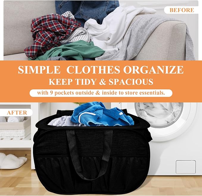 4 Pack Collapsible Laundry Baskets with Lid, Foldable Laundry Basket with 6 Pockets, Pop Up Laundry Hamper with Dual Handles, 99L Sturdy Clothes Hampers for Home, Dorm, Apartment, Travel, Black